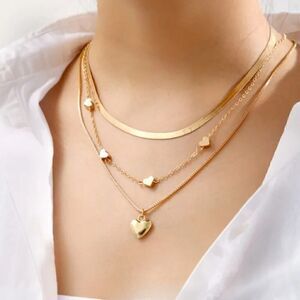 3 Pack Stainless Steel Chain Necklaces with Heart Shaped Charms  Gold Plated